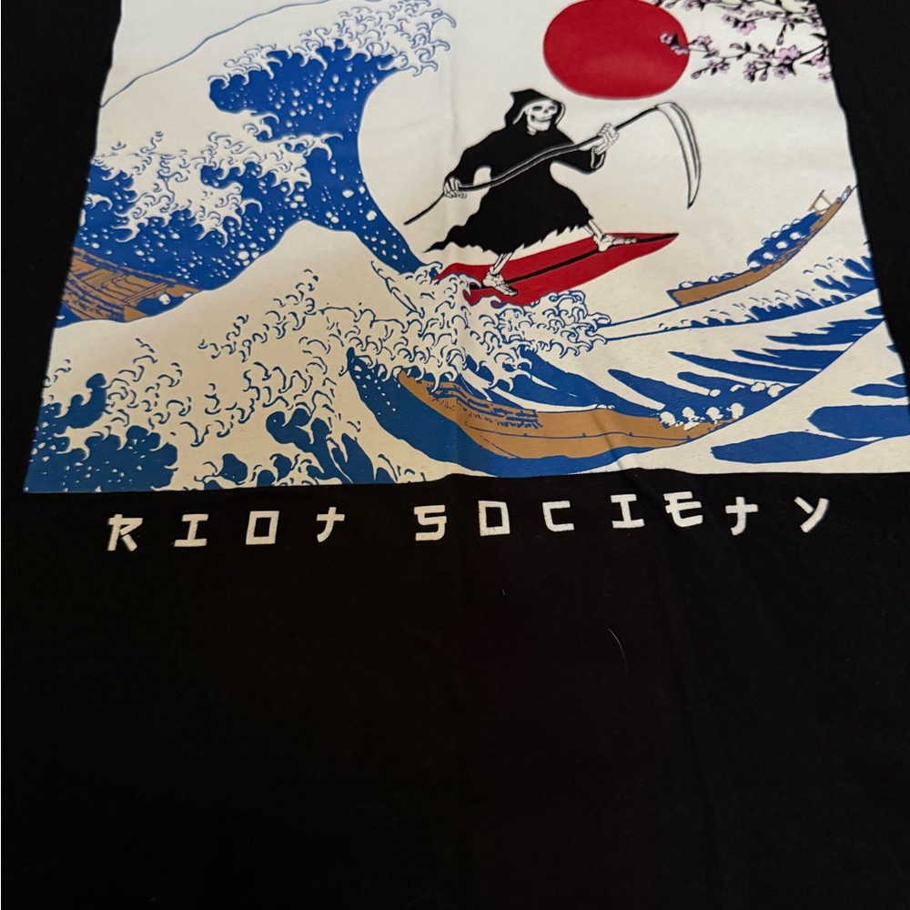 Riot Society Grim Reaper Wave T-Shirt Sz S Japan Ukiyo-e Surf Graphic